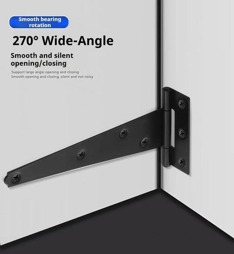 Black Beefy Heavy Duty 4 Pack T Type Hinge 6 Inch Premium Iron With One Point Two Millimeters Thickness on white panel.