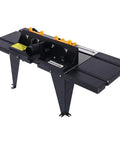Heavy Duty Aluminum Benchtop Router Table With Reinforced Steel Extensions And Adjustable Miter Gauge Plus Built In Retractable Safety Guard For Rock Solid Cutting Performance In Bright Orange, showing the front view.