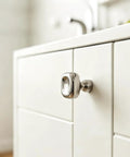 Dope Ultra Sleek Titanium Silver Square Mushroom Cabinet Knobs on white cabinet