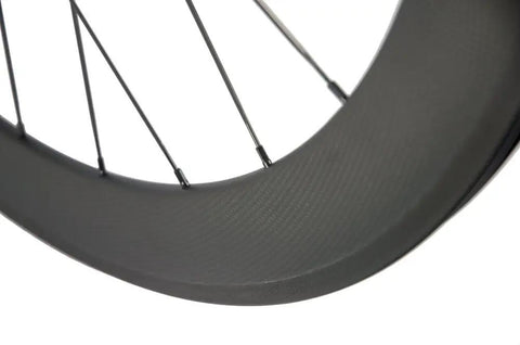 Close-up of Carbon 700c Clincher Wheelset For Road Bikes, 23mm Rim Width, Depths 38 50 60 88mm, Toray T700 Carbon Fiber Build