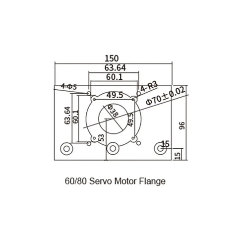 Beefy Sliding Stage Travel Z Axis Motion Table With SFU1605 Ball Screw And HGR20 Linear Guides Nema24 Nema32 Compatible 200 mm stroke, 60/80 servo motor flange diagram