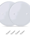 Set Of Two Five Inch White Metal Ceiling Blank Up Cover Plate For Three And One Half Inch Round Or Octagon Electrical Boxes With Two Point Seven Five Inch Hole Spacing And Mounting Screws Included For Ceiling Or Wall Coverage with screws