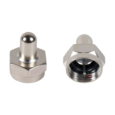 Two nickel-plated caps from 10 Pack 75 Ohm Coax Terminator Caps For Coaxial Cables, Protective Cable Cap Covers For Splitters, TV Antennas