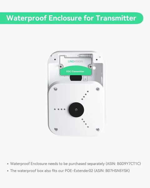 Waterproof Enclosure for Transmitter, designed for PoE systems, securely houses EOC-Transmitter, sleek white finish.