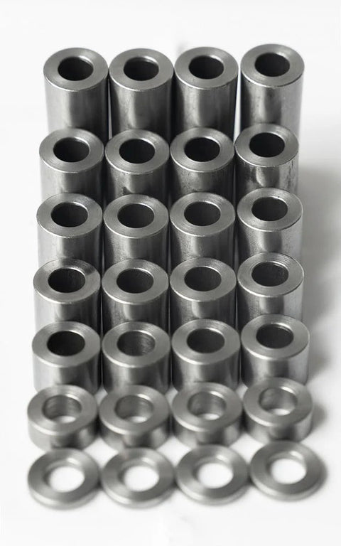 Steel spacers set, unthreaded round standoffs, 1 in OD, 1/2 in ID, 2 in length, 5-pack, metal finish.