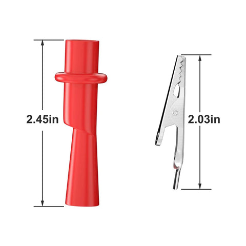 Push On Alligator Clips Set For Multimeters, 4 Pack Insulated Crocodile Clamps dimensions, red housing, and steel clip.