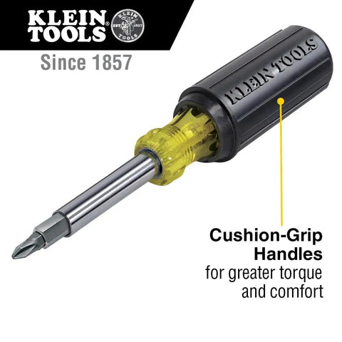 Close-up of All-In-One Screwdriver Kit with 11-in-1 Multi-Bit Driver, highlighting cushion-grip handle and bit details.