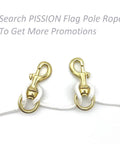 Top Shelf Heavy Duty Brass Flag Clips 4 Pack Swivel Snap Hooks For Rope Flagpole Attachment Built Tough, close-up of hooks with white rope.
