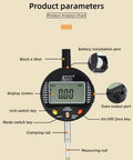 Dope Pro Grade Digital Dial Indicator Tool For Precision Measuring 0 To 2 Inches 50.8 mm Travel With 0.01 mm Or 0.0005 Inch Tolerance Inch And Metric ACE B50, with labeled parts and control features