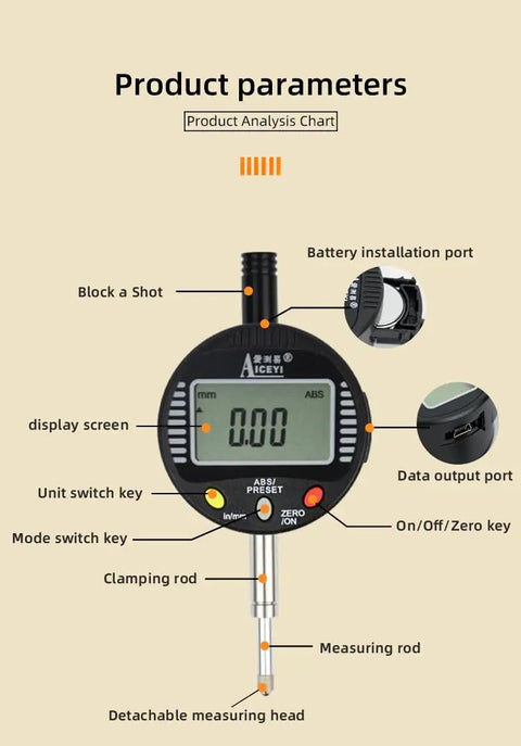 Dope Pro Grade Digital Dial Indicator Tool For Precision Measuring 0 To 2 Inches 50.8 mm Travel With 0.01 mm Or 0.0005 Inch Tolerance Inch And Metric ACE B50, with labeled parts and control features