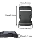 1.5 Inch Quick Side Release Buckles 4 Pack No Fuss Durable Plastic Clips For Nylon Webbing Straps Great For Backpacks Dog Collars Belts And Gear Easy Quick Release Withstand Constant Motion Secure Hold shown in front and side views with measurements.