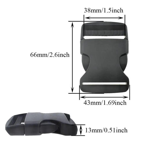 1.5 Inch Quick Side Release Buckles 4 Pack No Fuss Durable Plastic Clips For Nylon Webbing Straps Great For Backpacks Dog Collars Belts And Gear Easy Quick Release Withstand Constant Motion Secure Hold shown in front and side views with measurements.