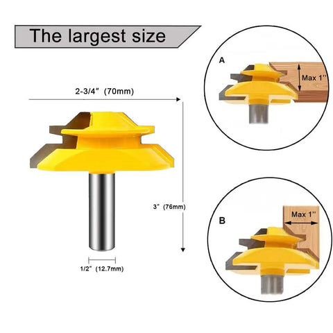 45 Degree Lock Miter Router Bit Set for Tongue and Groove, One Half Inch Shank, Two and One Quarter Inch Cutting Diameter diagram