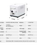 Top Shelf Automatic Electric Coffee Bean Roaster Machine With Hella Fast Rolling Stir Fry For Home Nuts And Peanuts Featuring Solid 90 Min Timer And Precise 100 To 250 Degree Heat Control For 1.5 Kilogram Capacity shown with dimensions and material details.