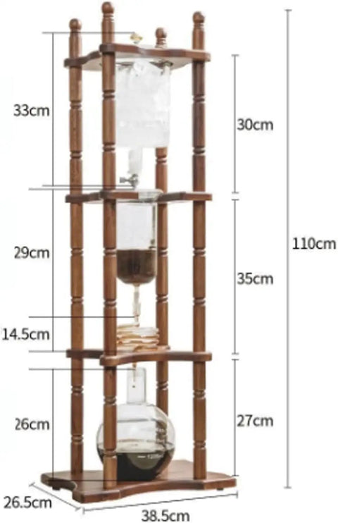 Top Shelf Stainless Steel Cold Brew Dripper With Heavy Duty Premium Borosilicate Glass displayed with dimensions and setup.