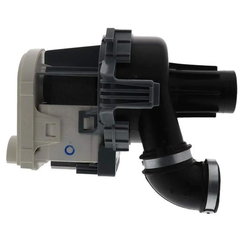 Black dishwasher motor pump replacement W10510667 for all major brands, side view including hose attachment.