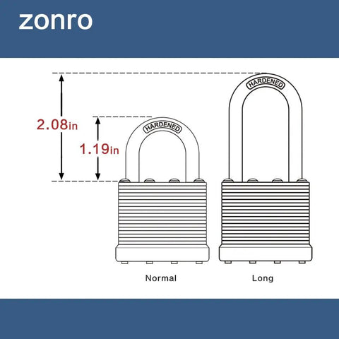 Built Tough Keyed Alike Laminated Steel Padlocks, illustration showing normal and long shackle dimensions, side by side.