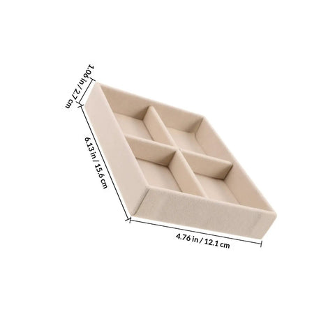 Beige Velvet Jewelry Display Tray With Four Grids And Sturdy Wooden Lid For Ring Bracelet Earring Storage Stackable Vanity Organizer shown from an angle with dimensions.