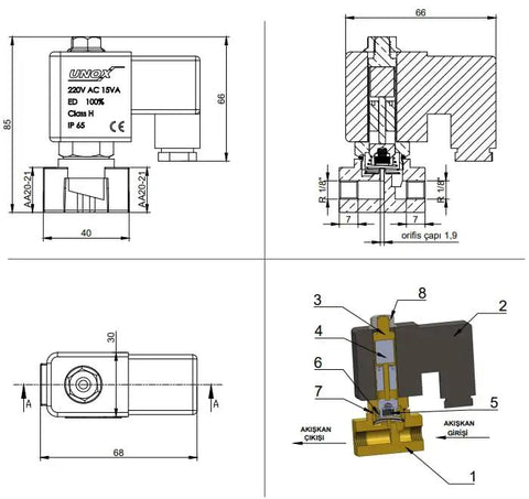 Technical drawing of One Eighth Inch NPT Solenoid Valve 110V AC Brass Body Normally Closed 0 To 232 PSI for industrial use