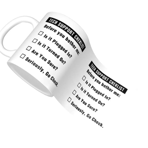 Funny Tech Support Checklist Coffee Mug for Help Desk Heroes, Perfect Gift for IT Professionals, 11oz white ceramic showing checklist