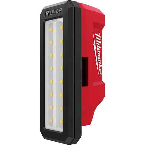 Side view of M12 Rover Service Repair Flood Light With USB Charging Battery Powered Water Resistant Jobsite Ready Red And Black Work Light.