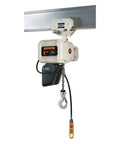 Top Shelf Three Phase Food Grade Electric Chain Hoist With Push Trolley 1 Ton Capacity 15 Foot Lift, mounted for industrial use.