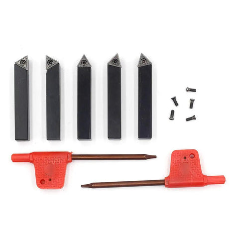 Five Sixteenth Inch Mini Lathe Indexable Carbide Turning Tool Holder Kit With TCMT090204 Inserts Five Pieces Set Includes AL AR BL BR And E Holders For Metal Lathe Tooling And Rotatable Pro Grade Carbide Inserts For Longer Tool Life, shown with tools and screws.