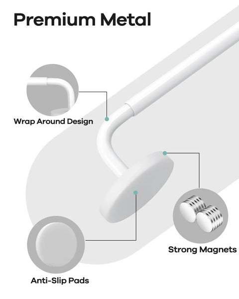 Close-up of Magnetic Curtain Rod Set, 2 Pack For Metal Doors, Adjustable 18 To 30 Inch, white rod with wrap around design, strong magnets.