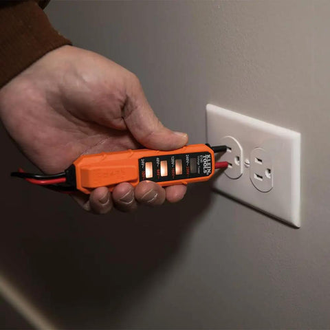 Hand using Beginner Friendly Handy Electrical Tester Kit for GFCI Outlet And Receptacle Testing with Non Contact Voltage Tester Pen.