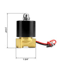 Side view of 1/4 Inch NPT Brass Electric Solenoid Valve 12VDC Normally Closed 2-Pack with dimensions, for water, air, gas, fuel, oil.