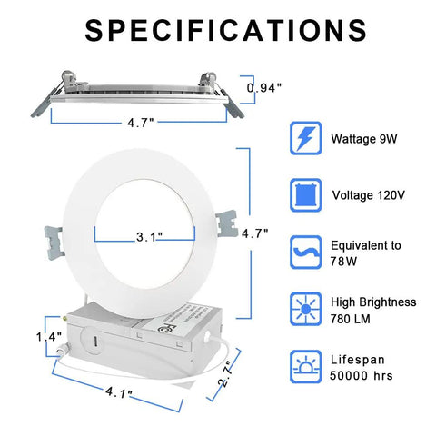 Specifications of Ultra Thin 4 Inch LED Recessed Ceiling Lights 12 Pack Dimmable No Fuss Canless Downlights With Junction Box 780 Lumens 2700K Soft White 9W Equiv 70W Slim Wafer IC And ETL Certified