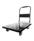 Heavy Duty Flatbed Cart Folding Platform Truck With Metal Handle For Warehouse And Garage Rugged Moving Cart With Extra Large Wheels Black Coated Steel Easy Glide Built To Haul Heavy Loads On Rough Terrain. Black steel cart with folding handle and large wheels