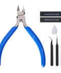 6 Piece Model Tools Kit With 4.3 Inch Precision Nipper And Craft Knife, Tweezers, Sanding Boards For Clean Cuts And No Whitening On Plastic Models, Gundam And Miniatures, Ready For Easy Trim And Assembly tools laid out
