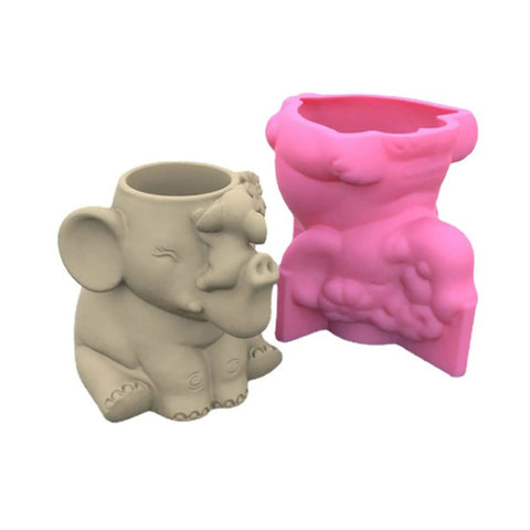 Elephant Planter Silicone Mold For Concrete Pots, Flexible DIY Molding Kit shown in beige and pink, for flower pots or pen holders.