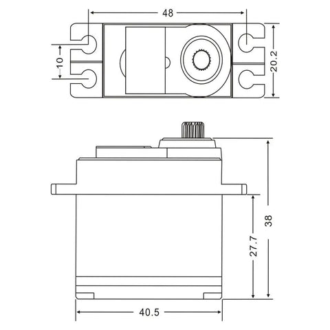 Technical drawing of 25kg Metal Gear Brushless Digital Servo for RC cars, showing dimensions and component layout.
