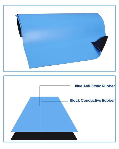 ESD Safe Anti Static Mat 17 By 25 Inch Blue Heat Resistant Soldering Table Pad shown with multi-layer design