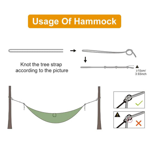 Diagram showing setup instructions for All In One Camping Hammock With Heavy Duty Tree Straps 660 Lb Capacity Portable Outdoor Hammock Tent.