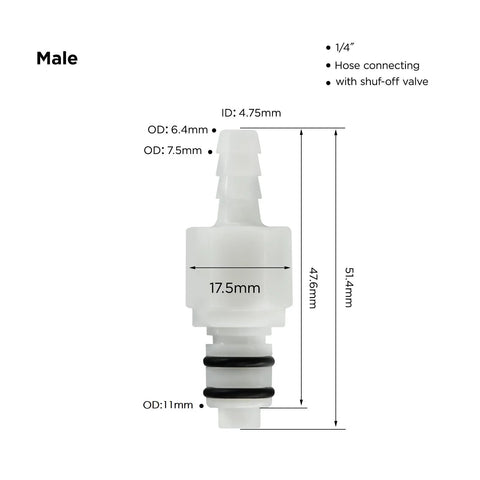 Front view of white plastic hose-barb inline quick connector with shut-off valve; 1/4" barb size.