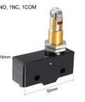 Panel Mount Roller Plunger Micro Limit Switch 1NO 1NC, showing dimensions 50x18mm, compact design for machinery and tools automation.