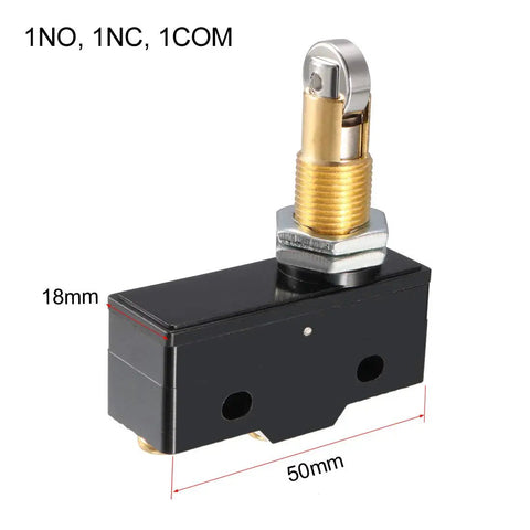 Panel Mount Roller Plunger Micro Limit Switch 1NO 1NC, showing dimensions 50x18mm, compact design for machinery and tools automation.