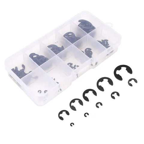 120 Piece E Clip Snap Circlip Kit Built To Last From Manganese Steel Retaining Rings For Machinery Maintenance In Sizes 1.5 To 10mm With Heavy Duty Performance And No Fuss Easy Install Uptime Boost in a clear plastic case
