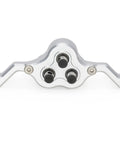 Front view of silver 70mm Width Transfer Case With Reverse Shaft CNC Aluminum Gearbox for One Tenth RC Crawler SCX10 MOA.