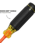 Close-up of Six-In-One Insulated Multi-Bit Screwdriver With Auto Locking Collar And In-Handle Bit Storage For Electrical Work, One Thousand Volt Rated, Includes Phillips One And Phillips Two, Slotted Three Sixteenths Inch And One Quarter Inch, Square One And Square with cushion-grip handle