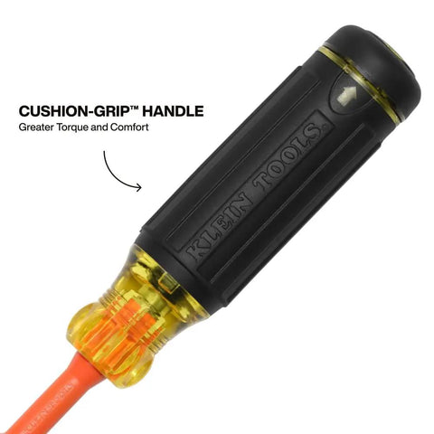Close-up of Six-In-One Insulated Multi-Bit Screwdriver With Auto Locking Collar And In-Handle Bit Storage For Electrical Work, One Thousand Volt Rated, Includes Phillips One And Phillips Two, Slotted Three Sixteenths Inch And One Quarter Inch, Square One And Square with cushion-grip handle
