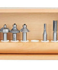 7 Pc Heavy Duty Carbide Tipped Router Bit Set With Solid One Half Inch Shank No Frills Woodworking Kit in wooden holder.