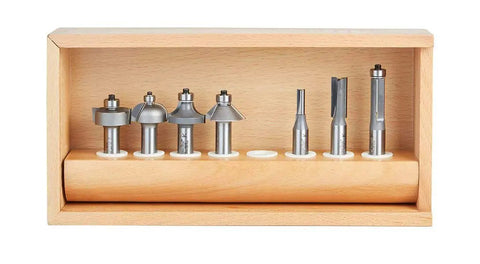 7 Pc Heavy Duty Carbide Tipped Router Bit Set With Solid One Half Inch Shank No Frills Woodworking Kit in wooden holder.