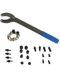 Camshaft pulley holder tool set with blue-handled adjustable wrench and assorted pins for VW T10172/T10554
