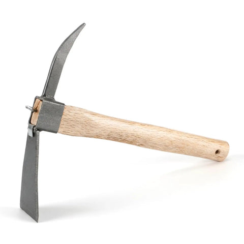 Heavy Duty 2 In 1 Garden Hoe And Pickaxe With Wood Handle for home yard and planting beds, dual-head tool on white background