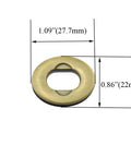 Close-up of antique-brass round purse closure turn-lock with washers; metal hardware, 1.1 in diameter.