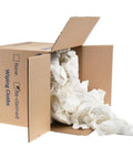 Box of reclaimed white cotton T-shirt rags for shop use prewashed and sanitized low lint soft and absorbent rag cloths for cleaning